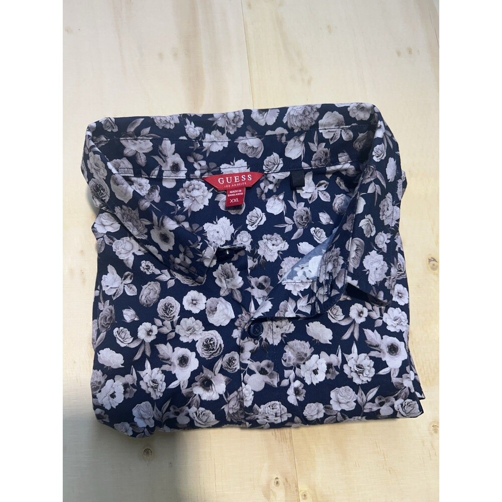 GUESS Men's Navy White Floral Short Sleeve Regular Button-Up Shirt XXL